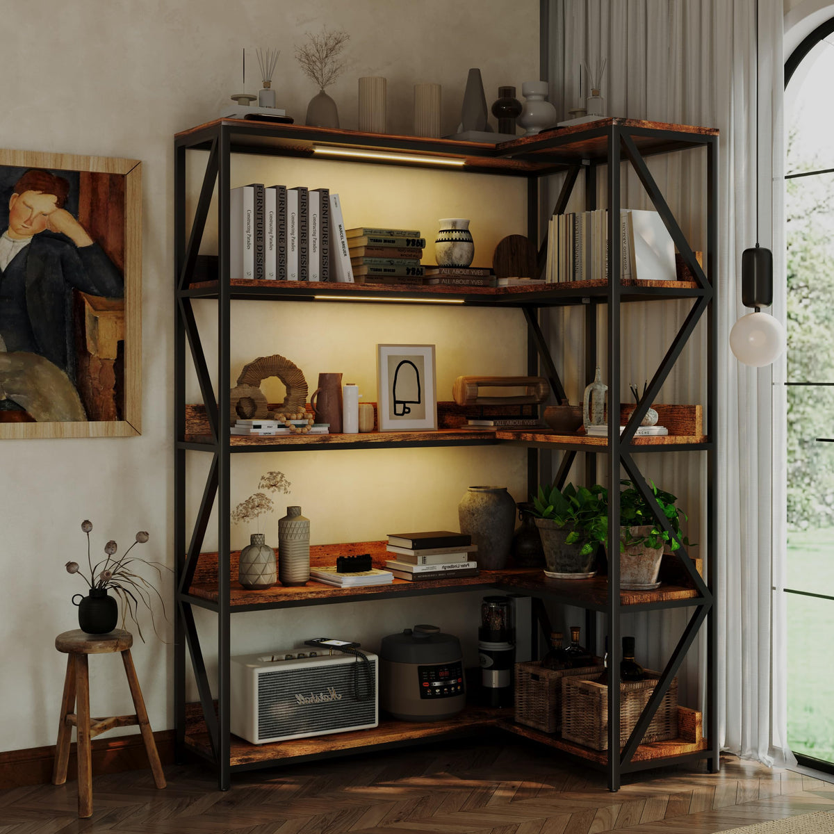 L Shaped 5 Tier Corner Bookshelf with Light C81753