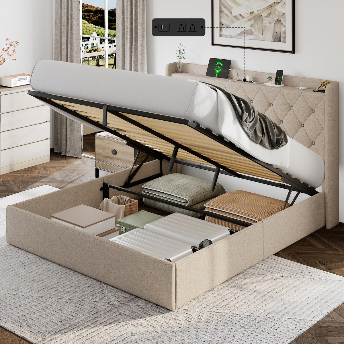 Queen Size Lift Up Storage Upholstered Bed Frame with Charging Station X7846