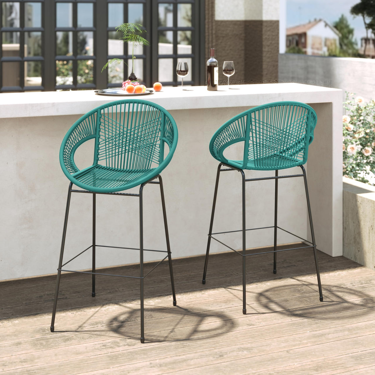 Teal Faux Wicker Outdoor Bar Stool Set of 2 Z513275