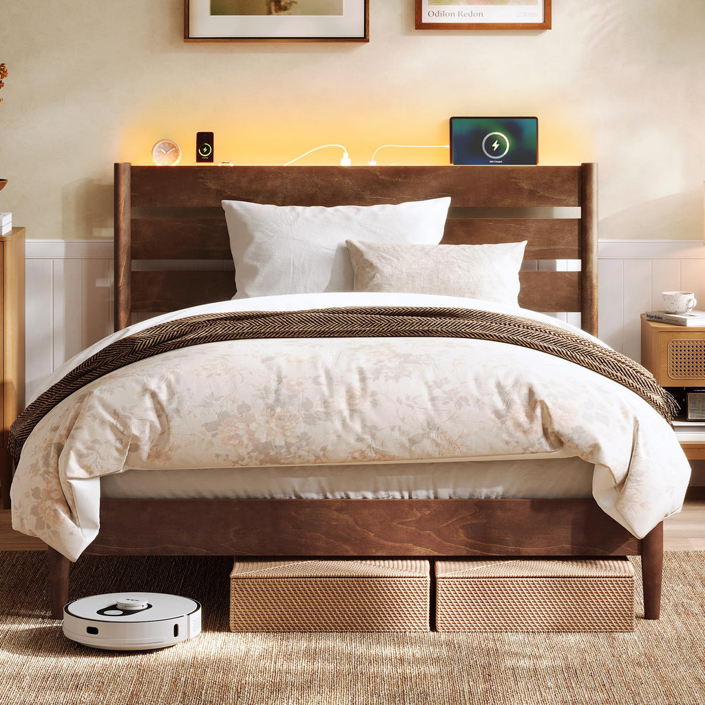 Full Wood Platform Bed with Headboard Storage Shelf B529