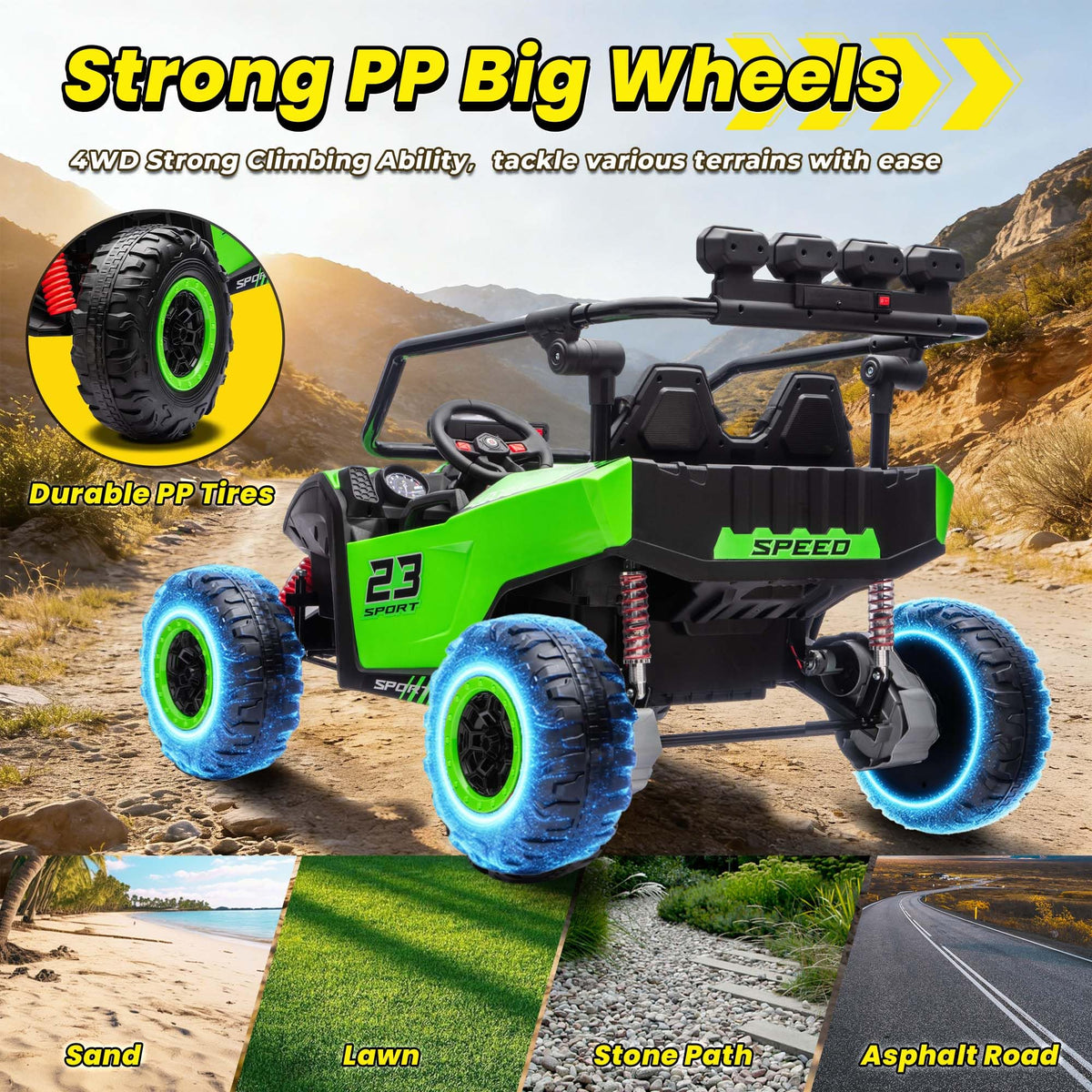 2-Seater Kids UTV with 4x200W Motor, 3-6MPH, Green N545060