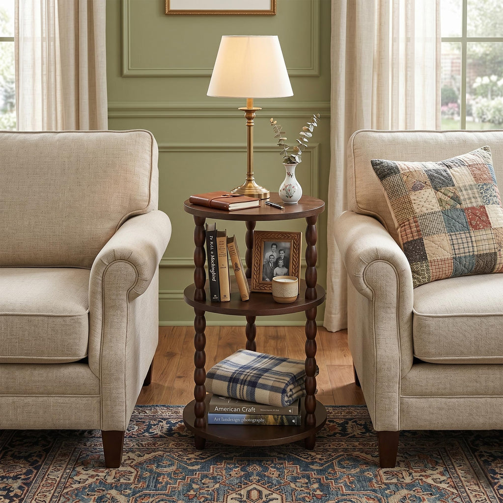 Small Round 3-Tier Solid Wood Side Table with Storage Shelf H690248