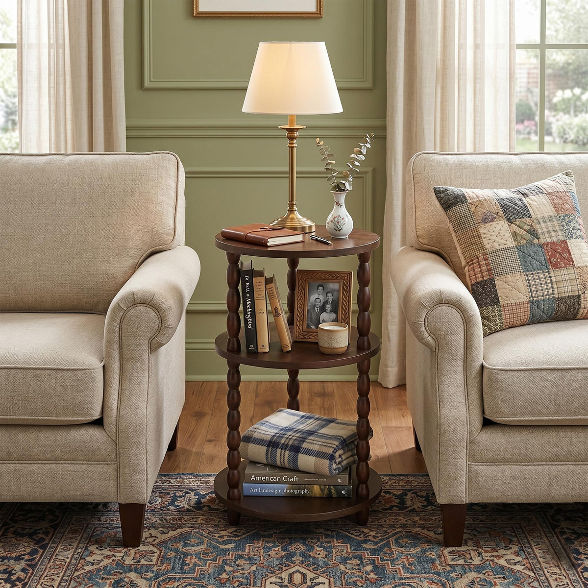 Small Round 3-Tier Solid Wood Side Table with Storage Shelf H690248