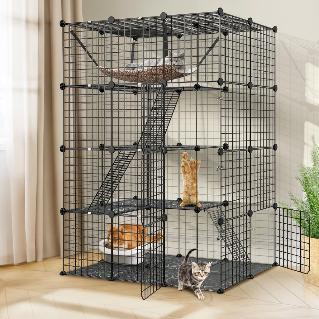 4-Tier Cat Cage Indoor Enclosure Metal Playpen with Hammock E51377