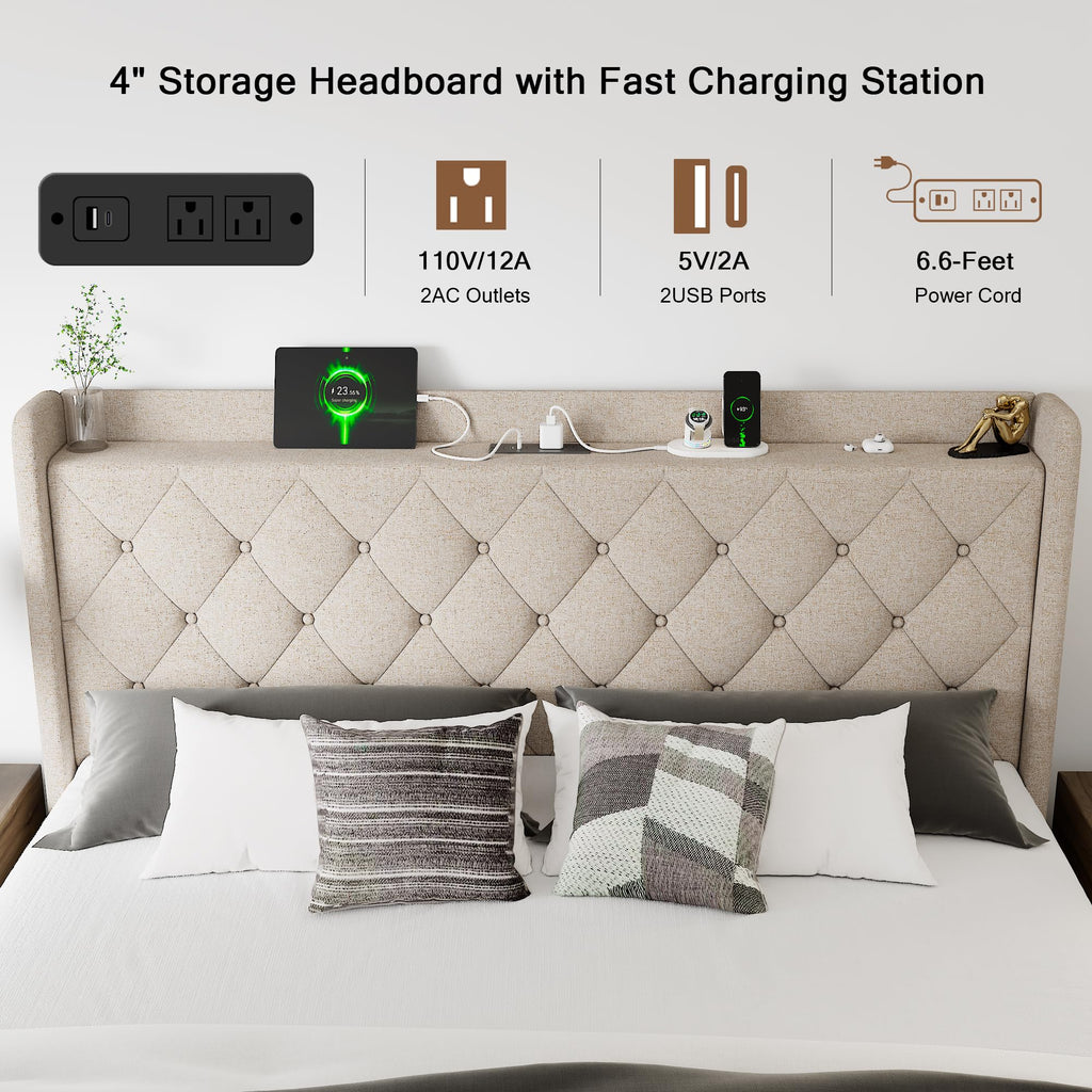 Queen Size Lift Up Storage Upholstered Bed Frame with Charging Station X7846