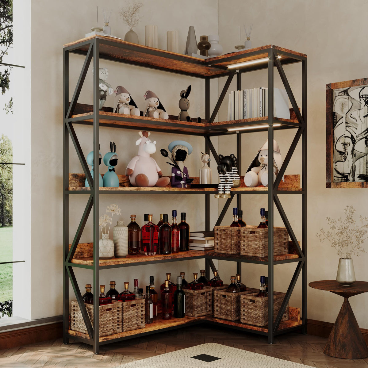 L Shaped 5 Tier Corner Bookshelf with Light C81753